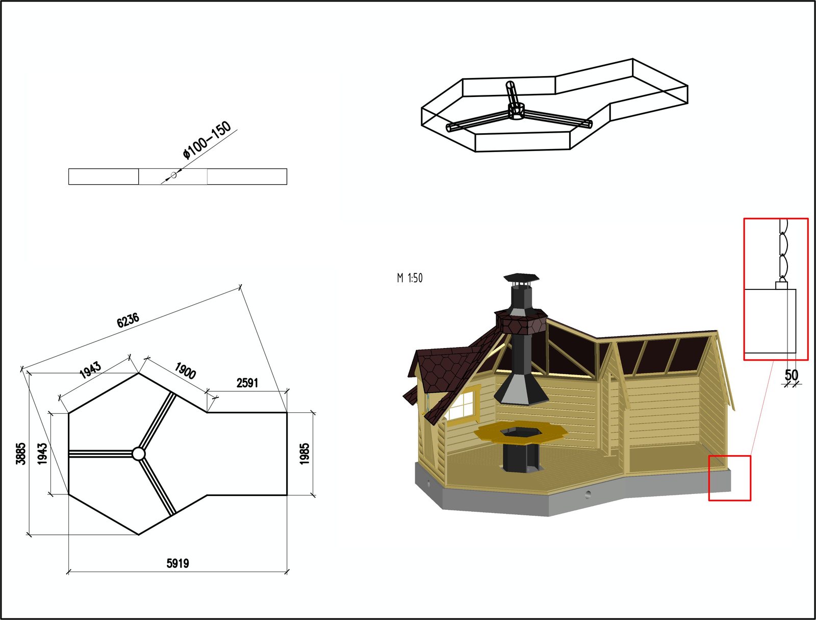 Grillhytte 9,2 m² med 2,5 m tilbygning – Fundament